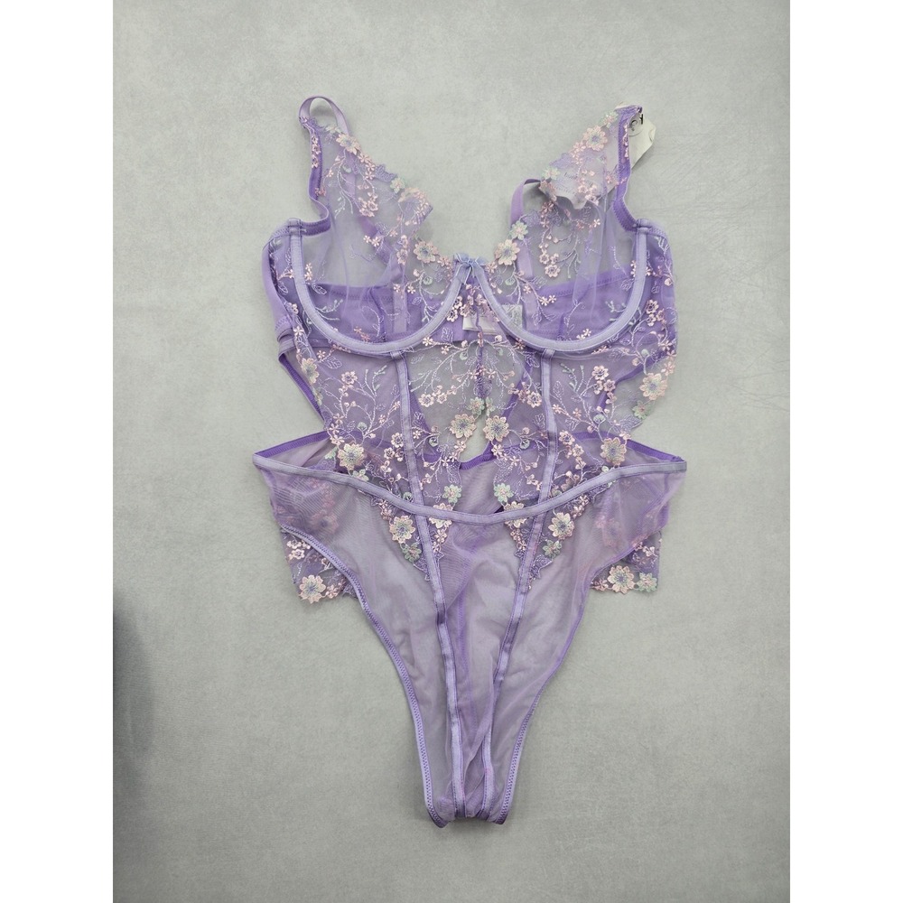 Purple Embroidered Mesh Wired Lingerie Bodysuit Dainty Romantic Coquette 38C